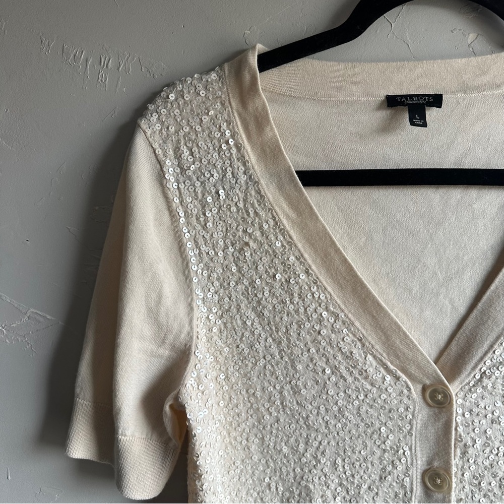 Talbots Sequin Cardigan Cream Coquette Balletcore Soft Girl Old Money Sz L - Picture 3 of 13
